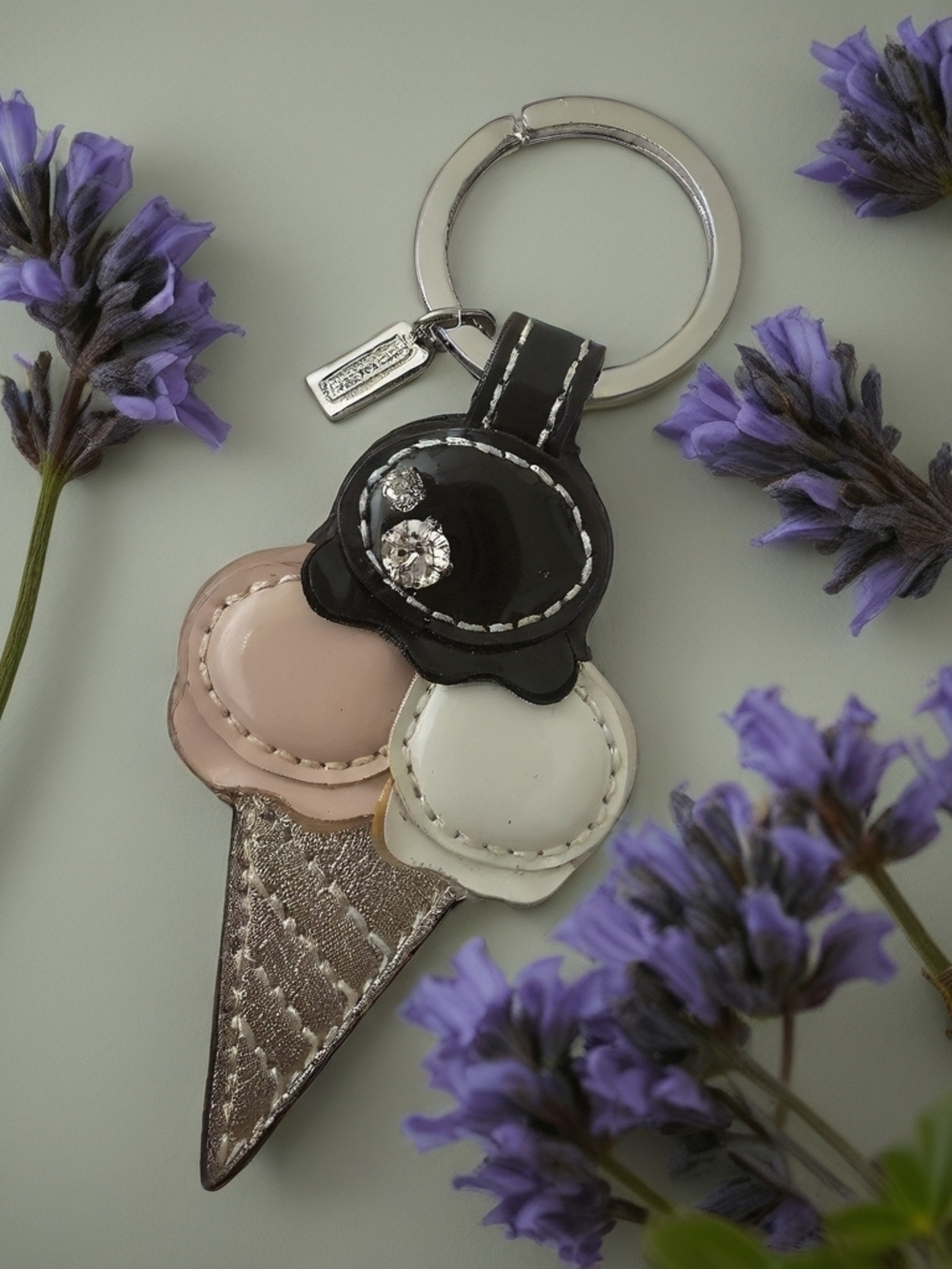 Coach Leather Ice Cream Cone Novelty Key Ring in Black, Blush & Cream